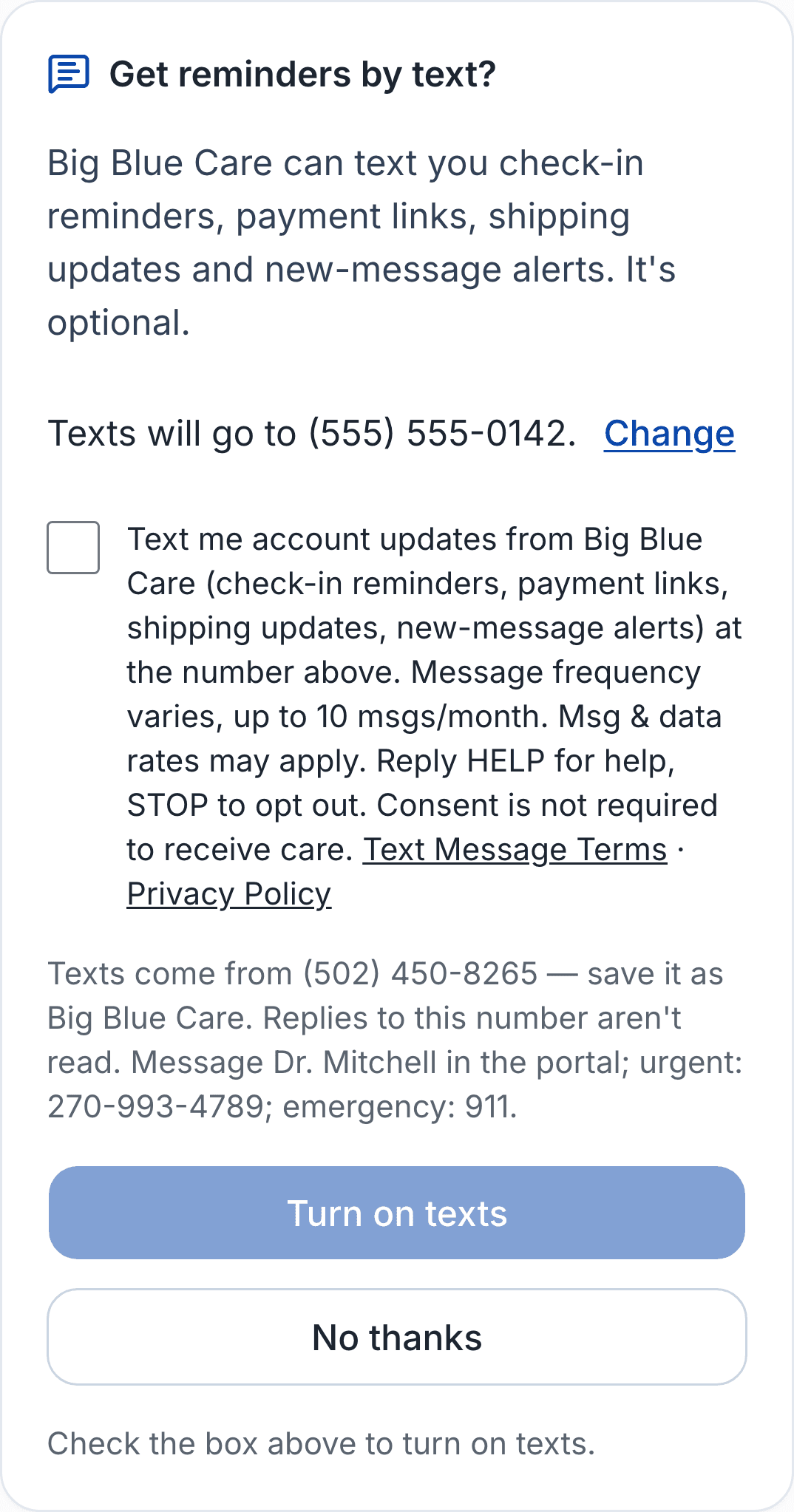 After a refill check-in: Get reminders by text? card showing the number texts will go to with a Change link, unchecked consent box, Turn on texts and No thanks buttons