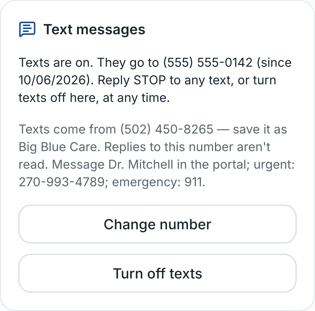 Profile page after opting in: texts are on for the patient's number, with Change number and Turn off texts buttons