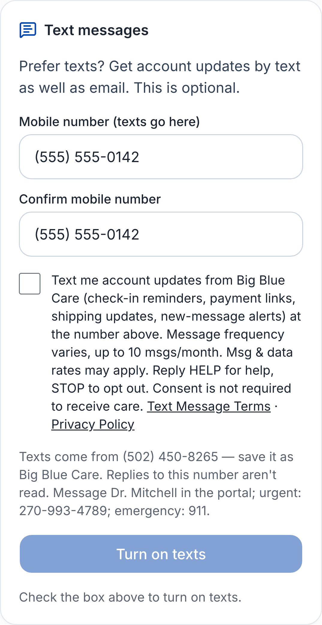 Profile page: Text messages box with mobile number and confirm fields filled in, unchecked consent box and Turn on texts button