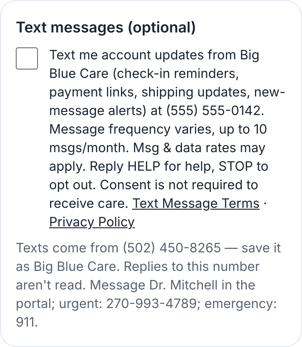 New-patient sign-up consents step: optional Text messages box, unchecked, naming the number the patient entered